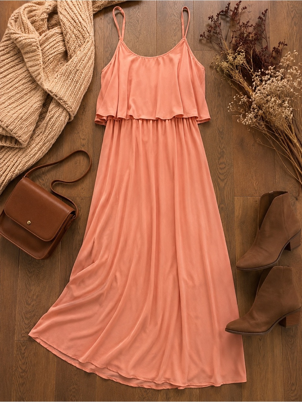 Show Me Your Mumu Peach Blush Flowy Maxi Dress Small Tiered Overlay